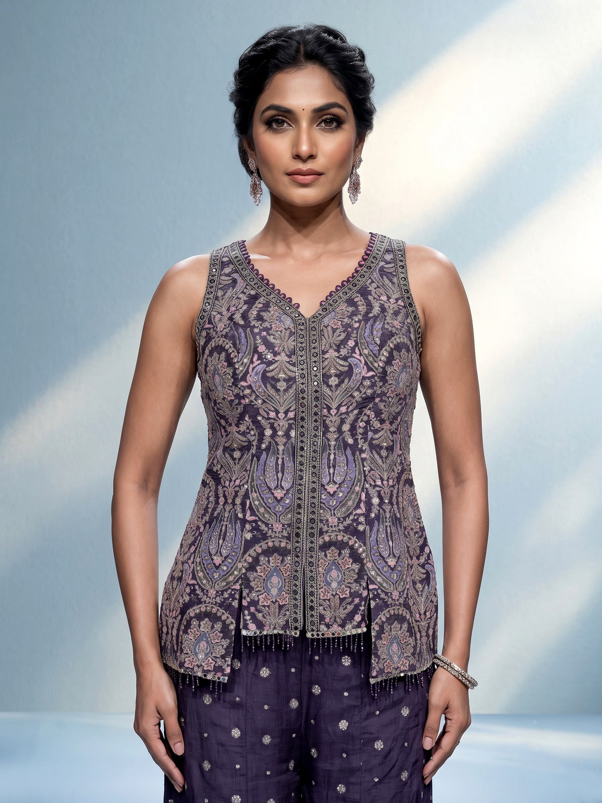 Violet purple designer georgette silk palazzo suit with aabla detailing