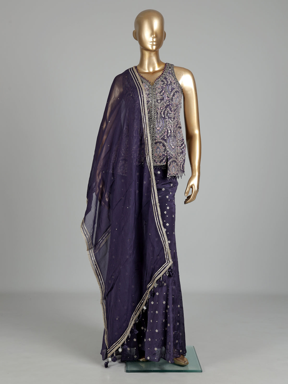 Violet purple designer georgette silk palazzo suit with aabla detailing