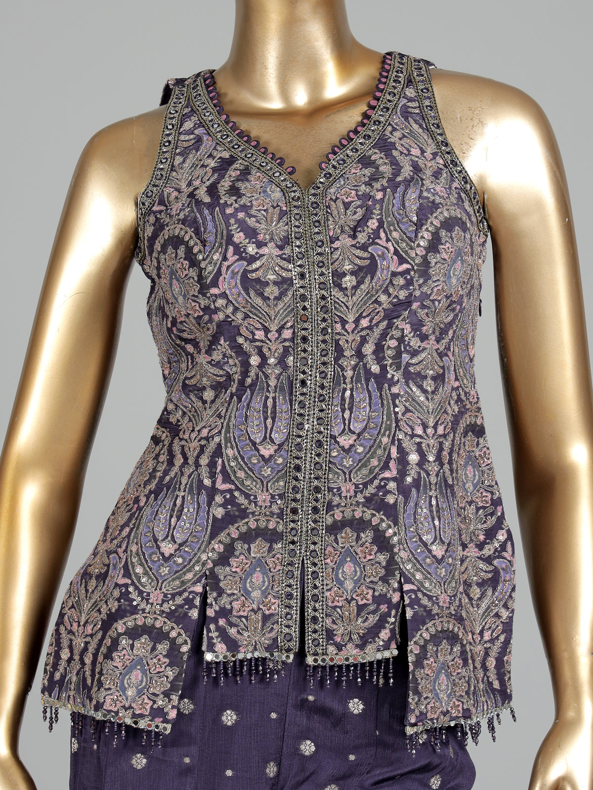 Violet purple designer georgette silk palazzo suit with aabla detailing