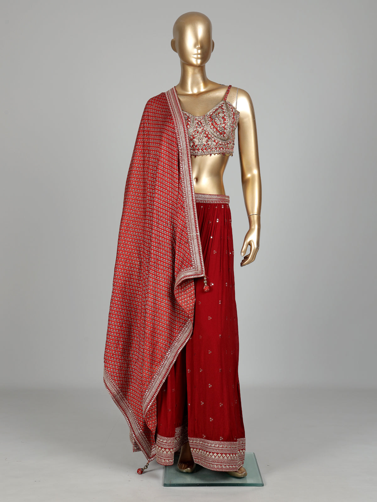 Maroon chiffon georgette palazzo suit with cutdana and tassel detailing