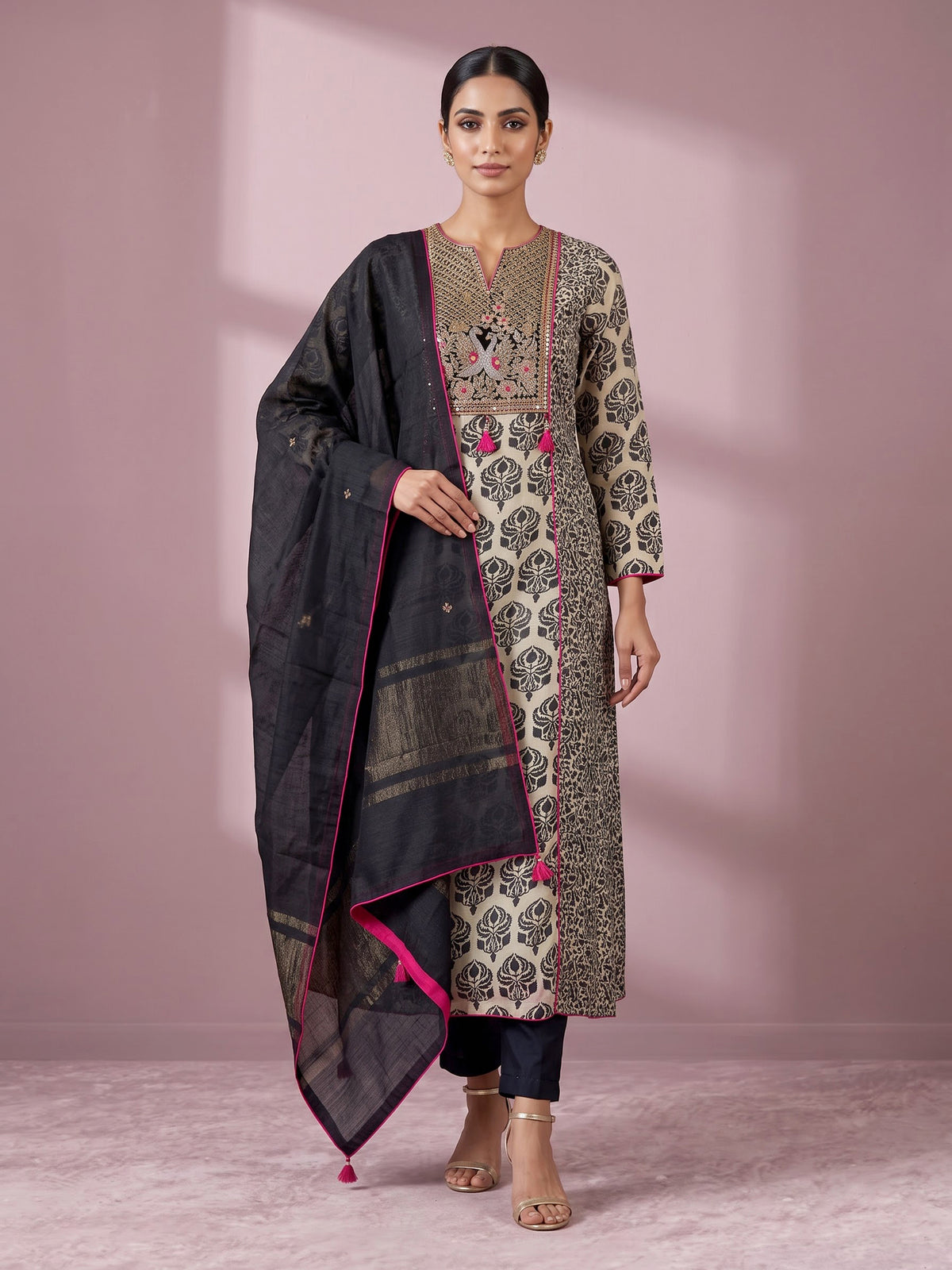 Black printed silk palazzo suit with zardosi embellished sweetheart yoke