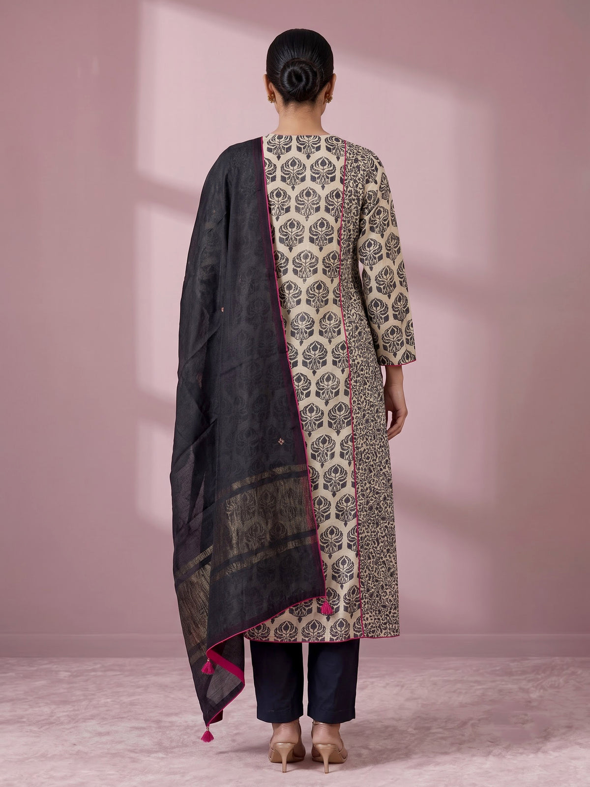 Black printed silk palazzo suit with zardosi embellished sweetheart yoke