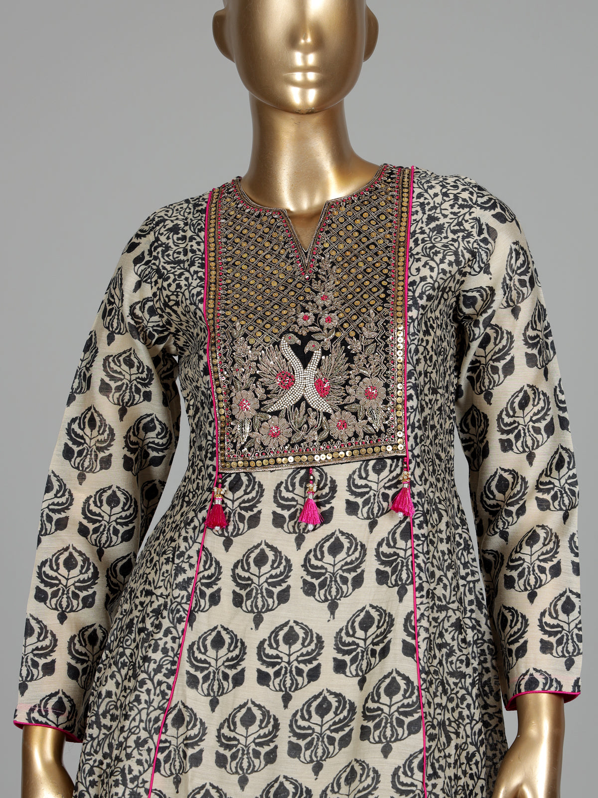 Black printed silk palazzo suit with zardosi embellished sweetheart yoke
