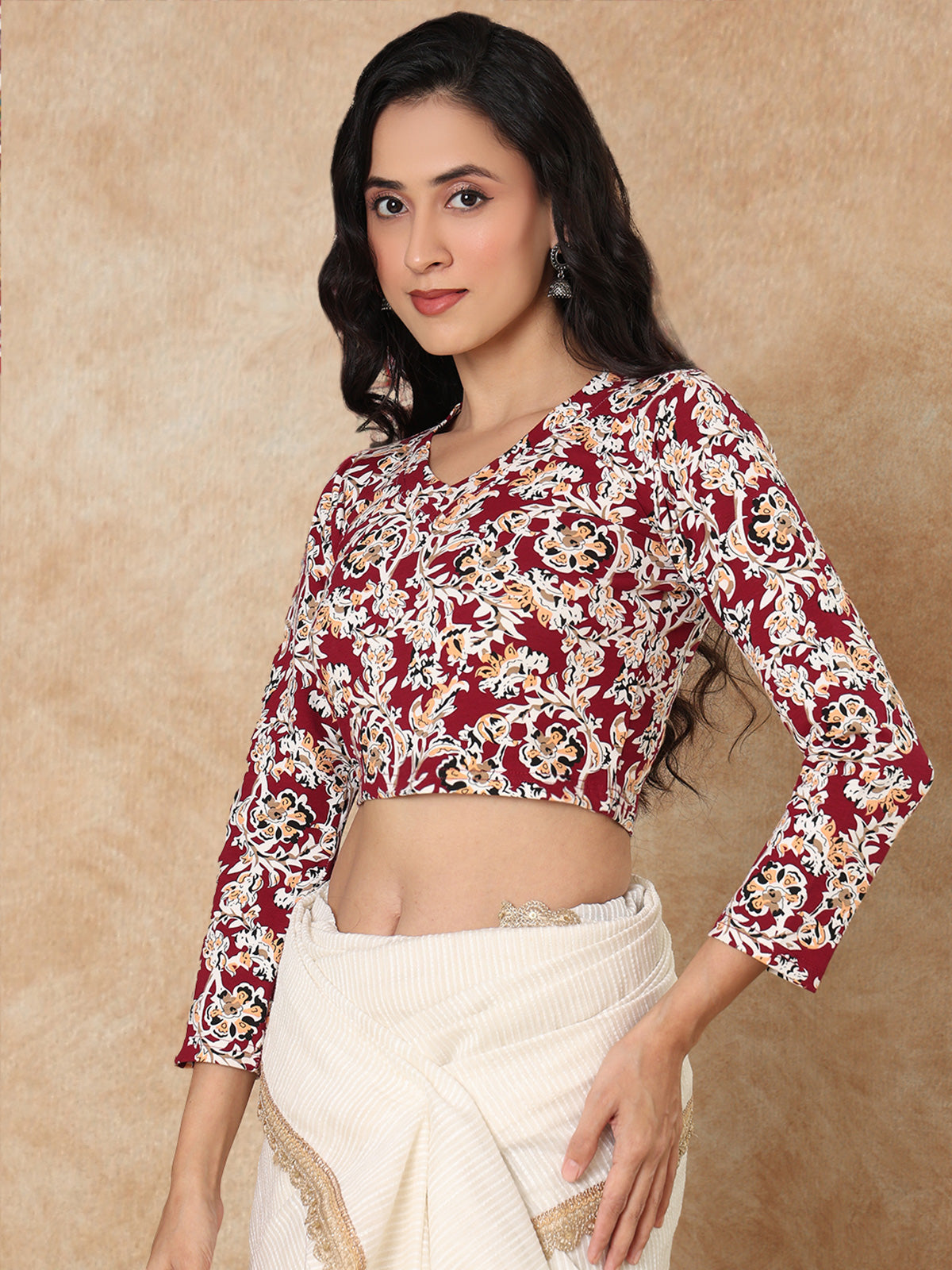 Multicolor printed V neck full sleeve lycra blouse design