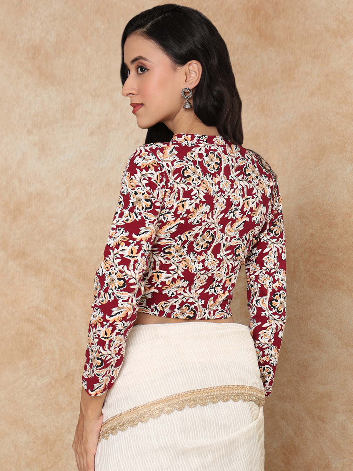Multicolor printed V neck full sleeve lycra blouse design