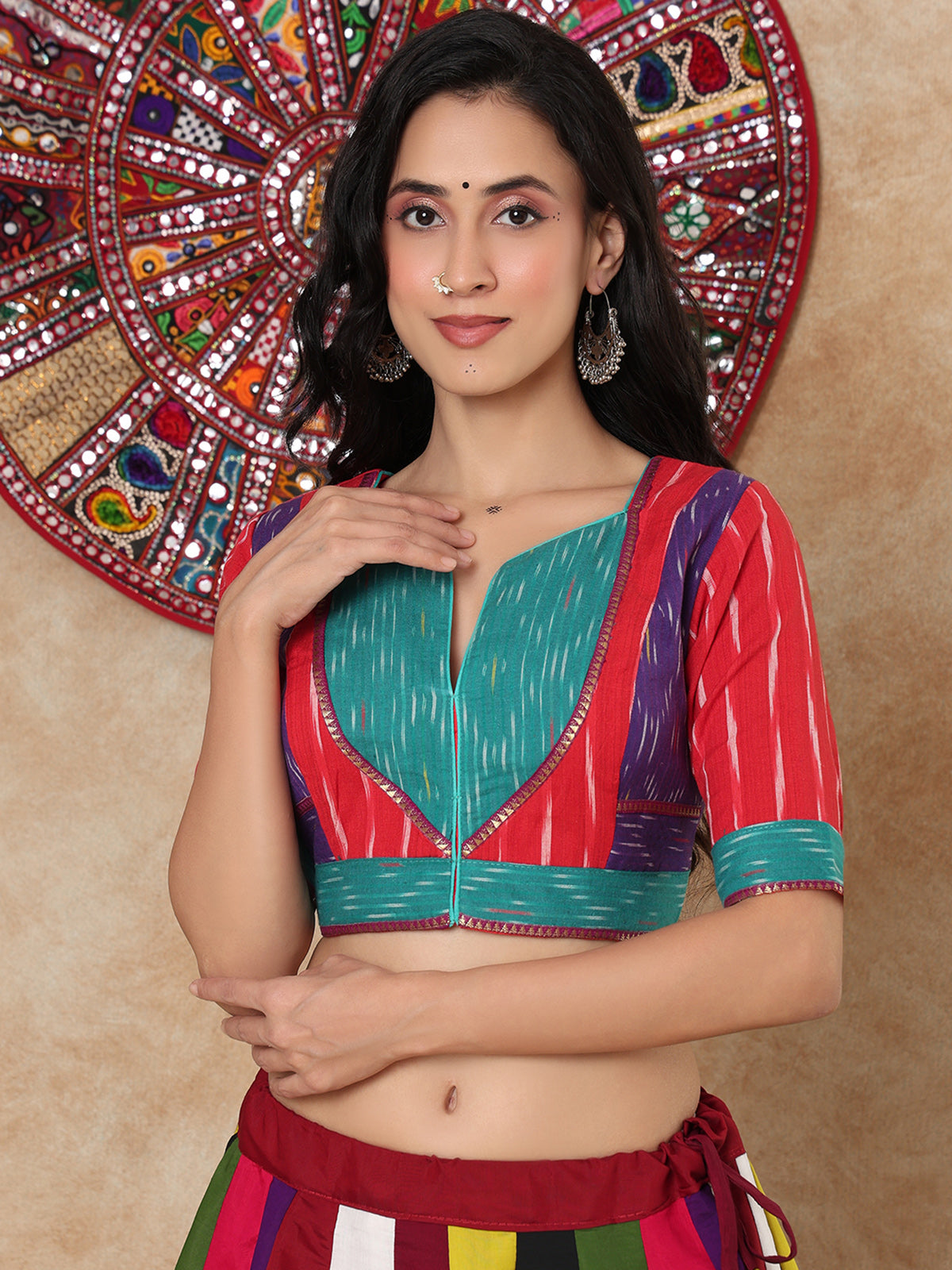 Multicolor printed V neck elbow sleeve cotton blouse with opening
