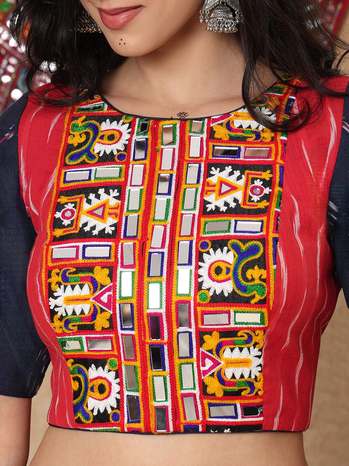 Red thread mirror work boat neck cotton blouse with sleeves