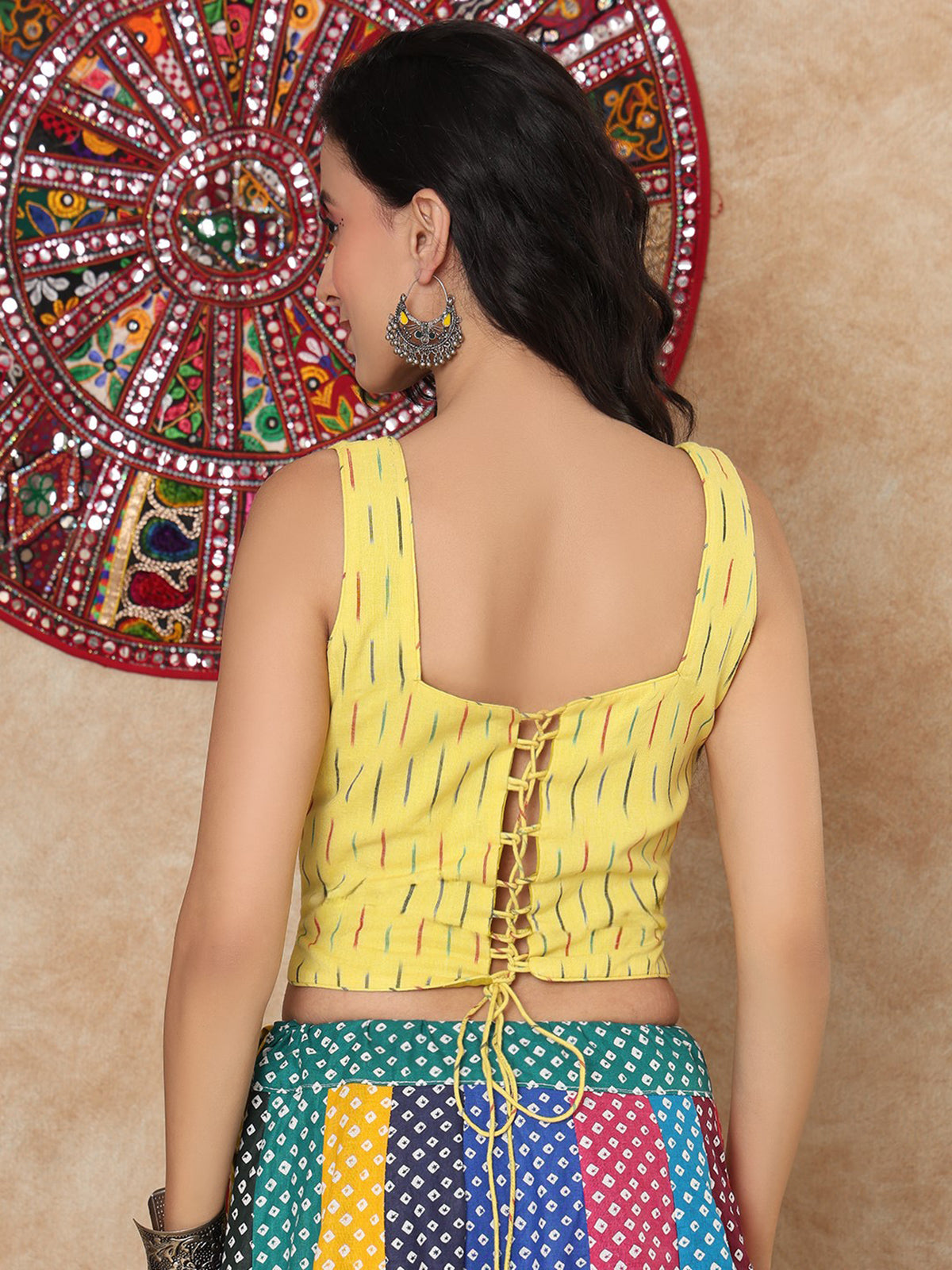 Yellow printed sweetheart sleeveless cotton blouse with back opening