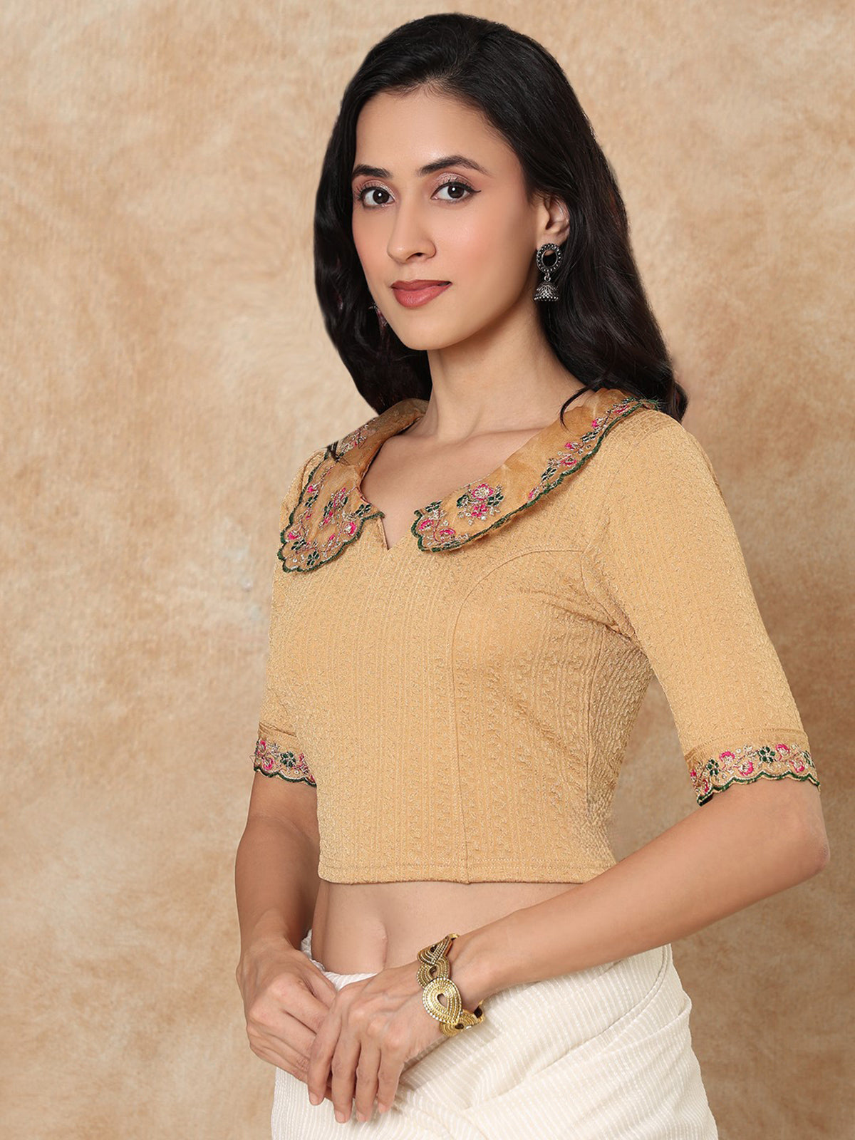 Gold embroidered sequin round neck elbow sleeve lycra blouse