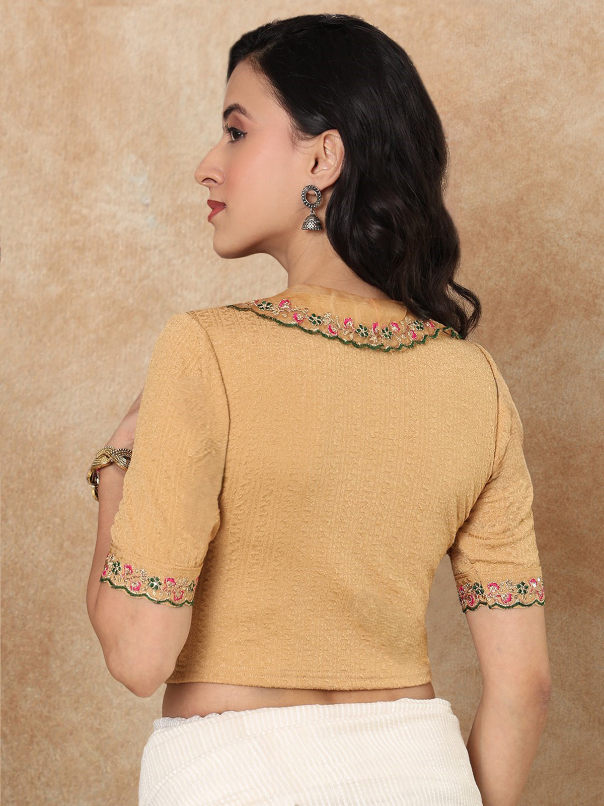 Gold embroidered sequin round neck elbow sleeve lycra blouse
