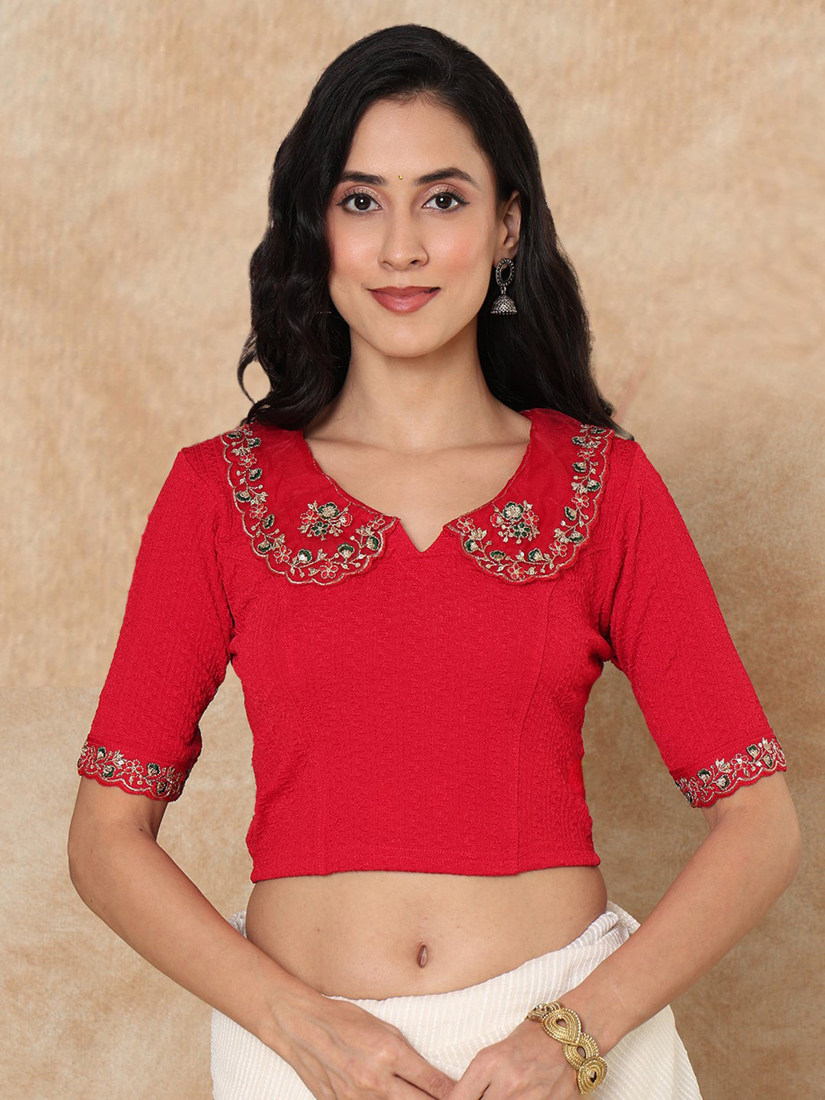 Red embroidered sequin round neck elbow sleeve lycra blouse