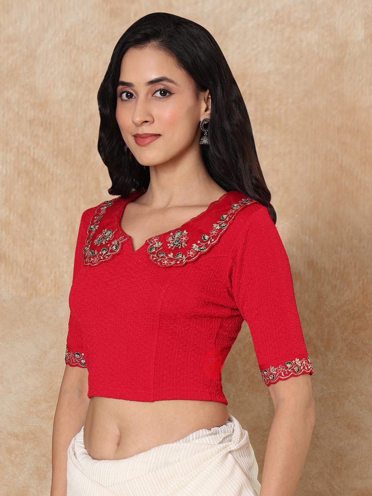 Red embroidered sequin round neck elbow sleeve lycra blouse