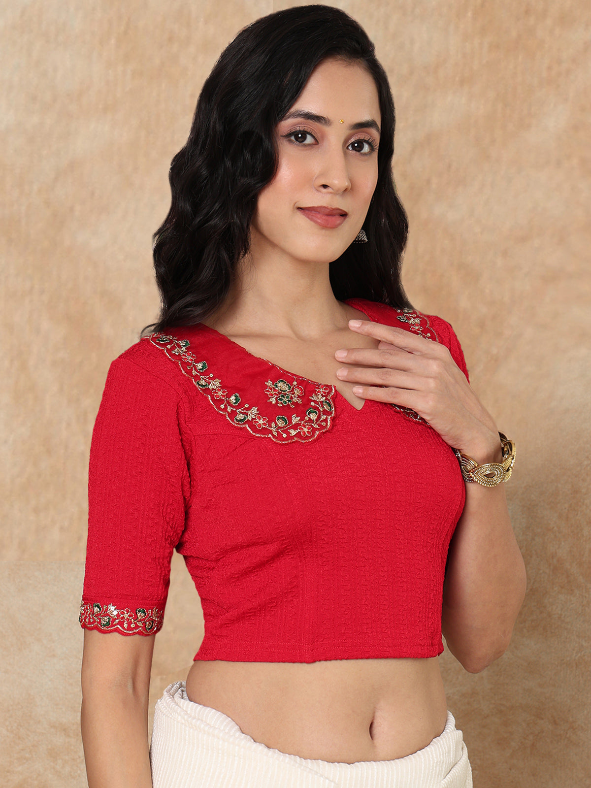 Red embroidered sequin round neck elbow sleeve lycra blouse