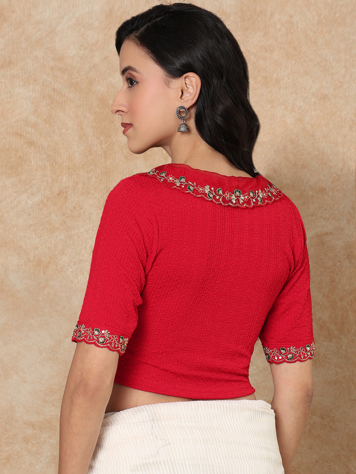 Red embroidered sequin round neck elbow sleeve lycra blouse