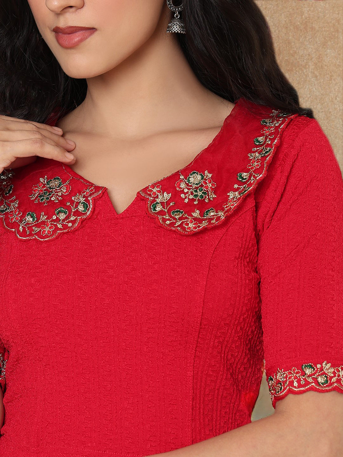 Red embroidered sequin round neck elbow sleeve lycra blouse