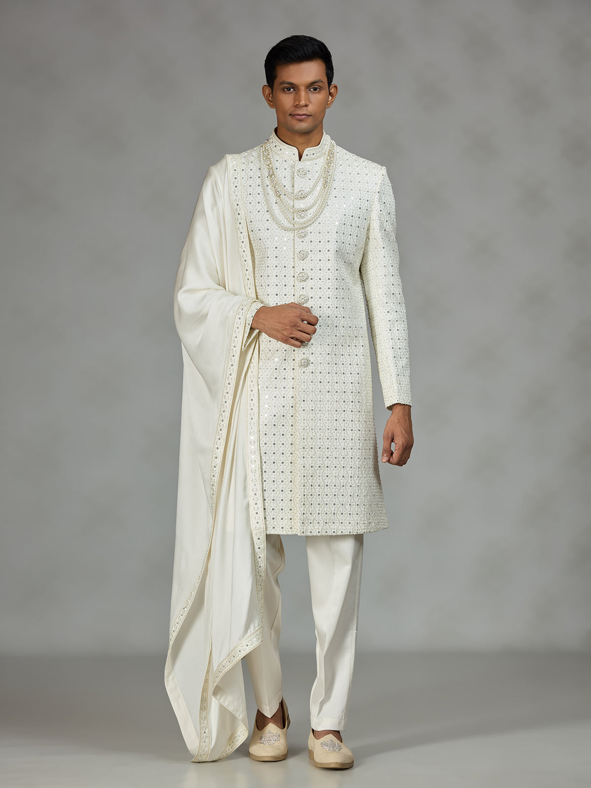 Ivory statement embroidered mens sherwani