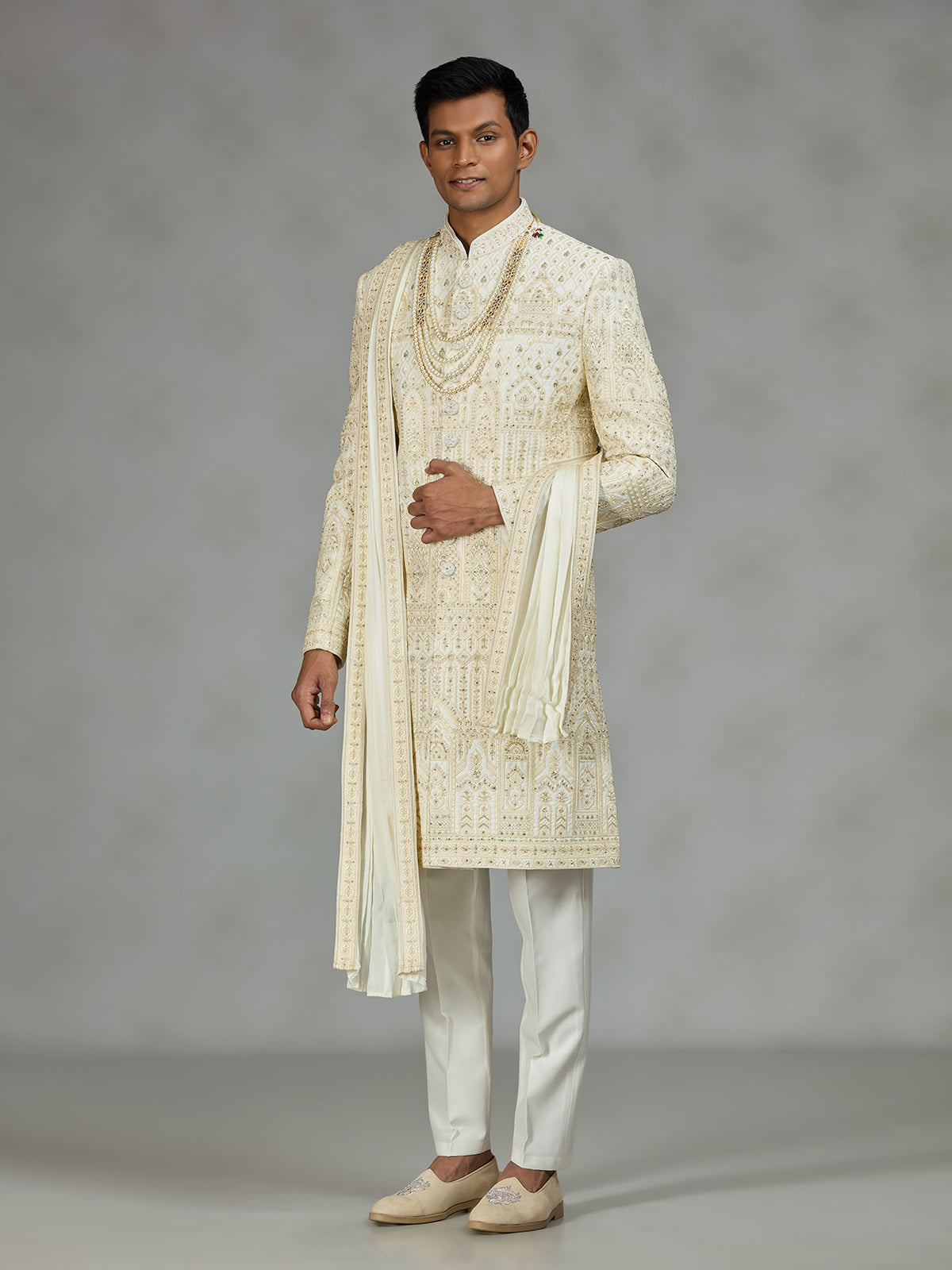 Cream architectural mens sherwani