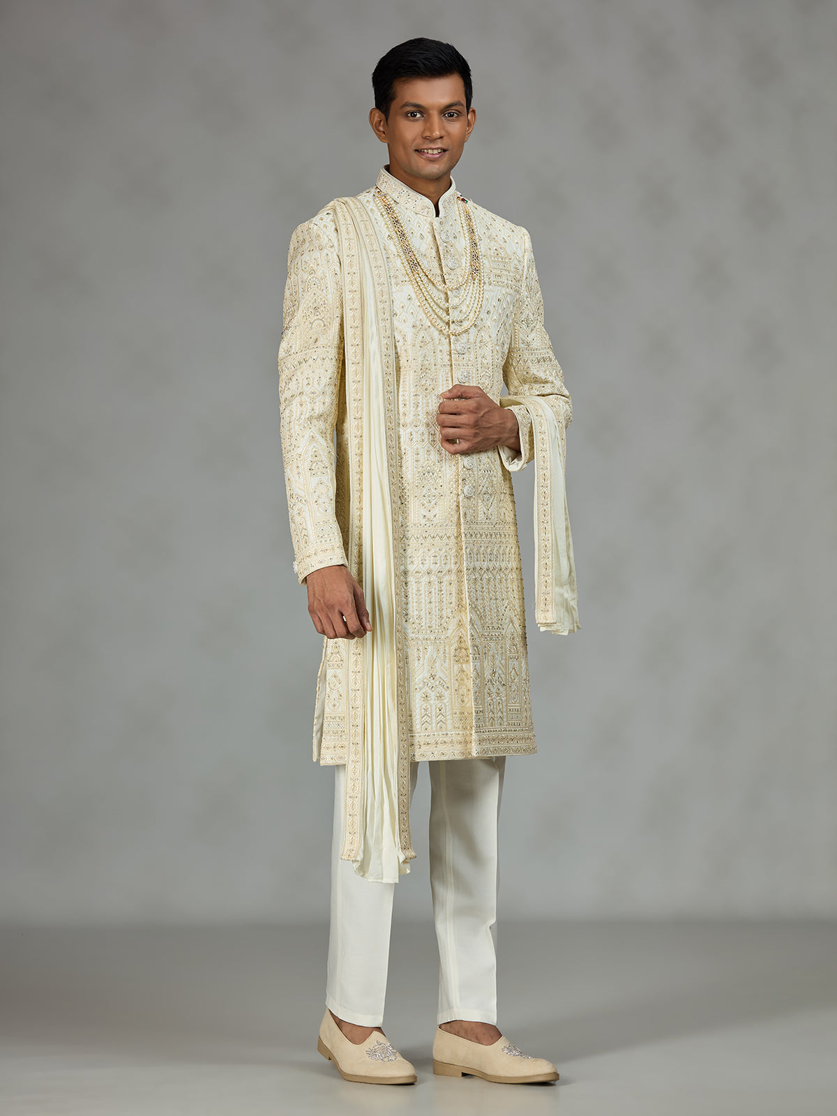 Cream architectural mens sherwani