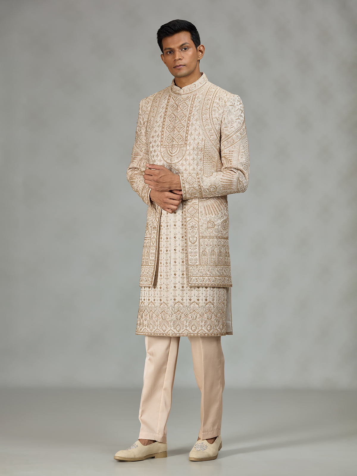 Cream designer embroidered mens sherwani