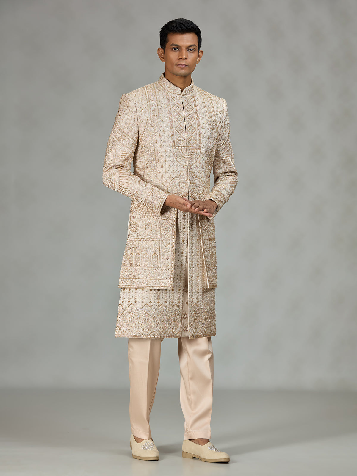 Cream designer embroidered mens sherwani