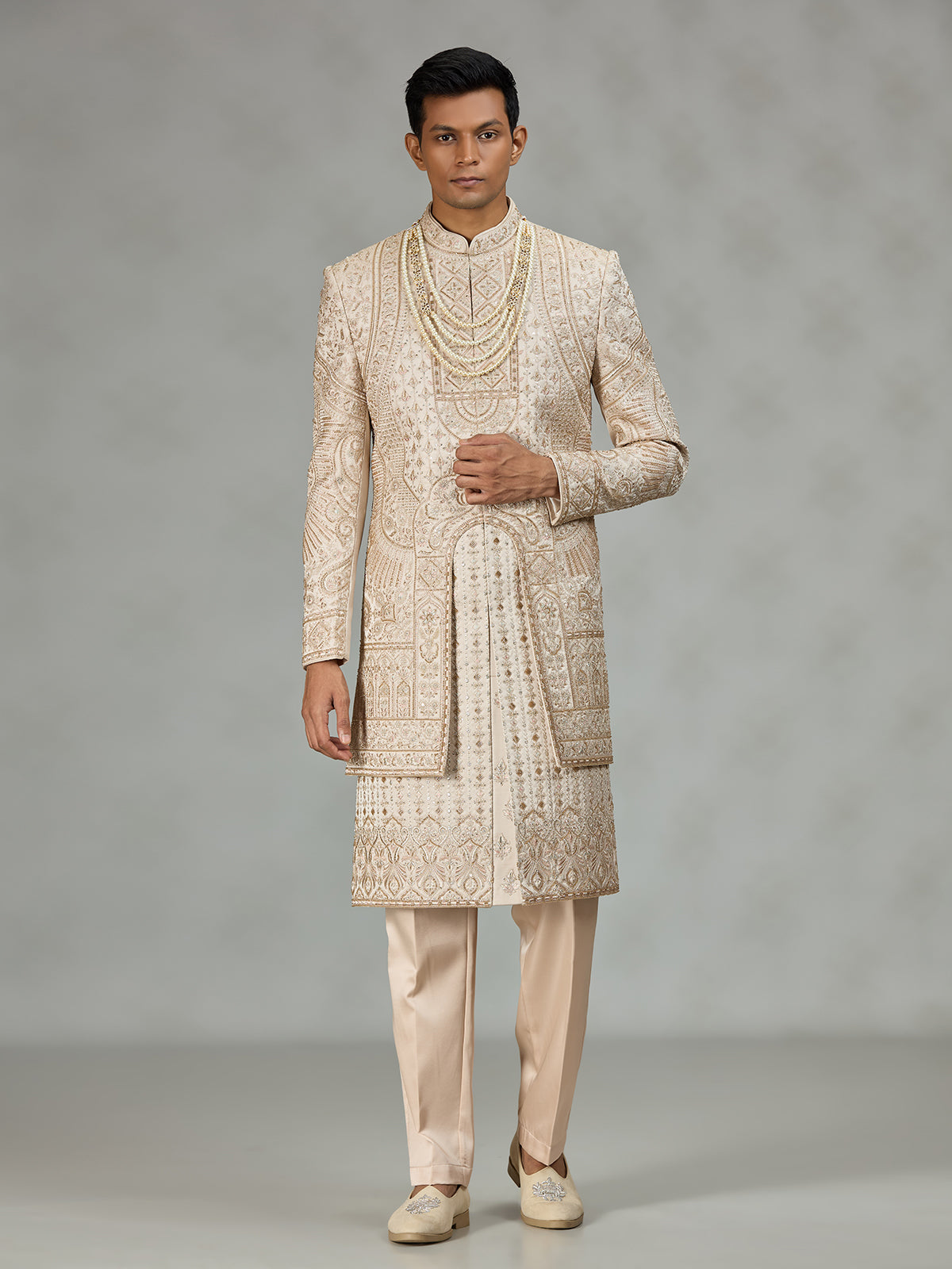 Cream designer embroidered mens sherwani
