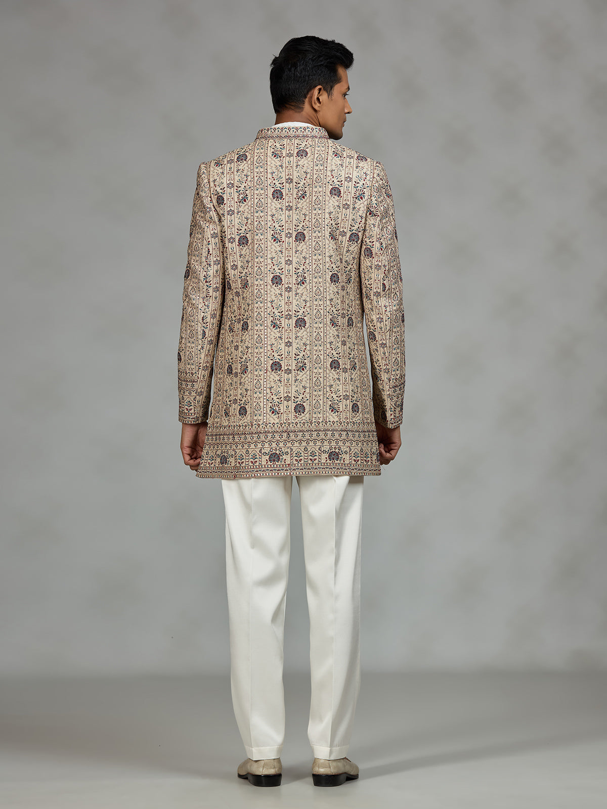 Beige refined embroidered mens indo western