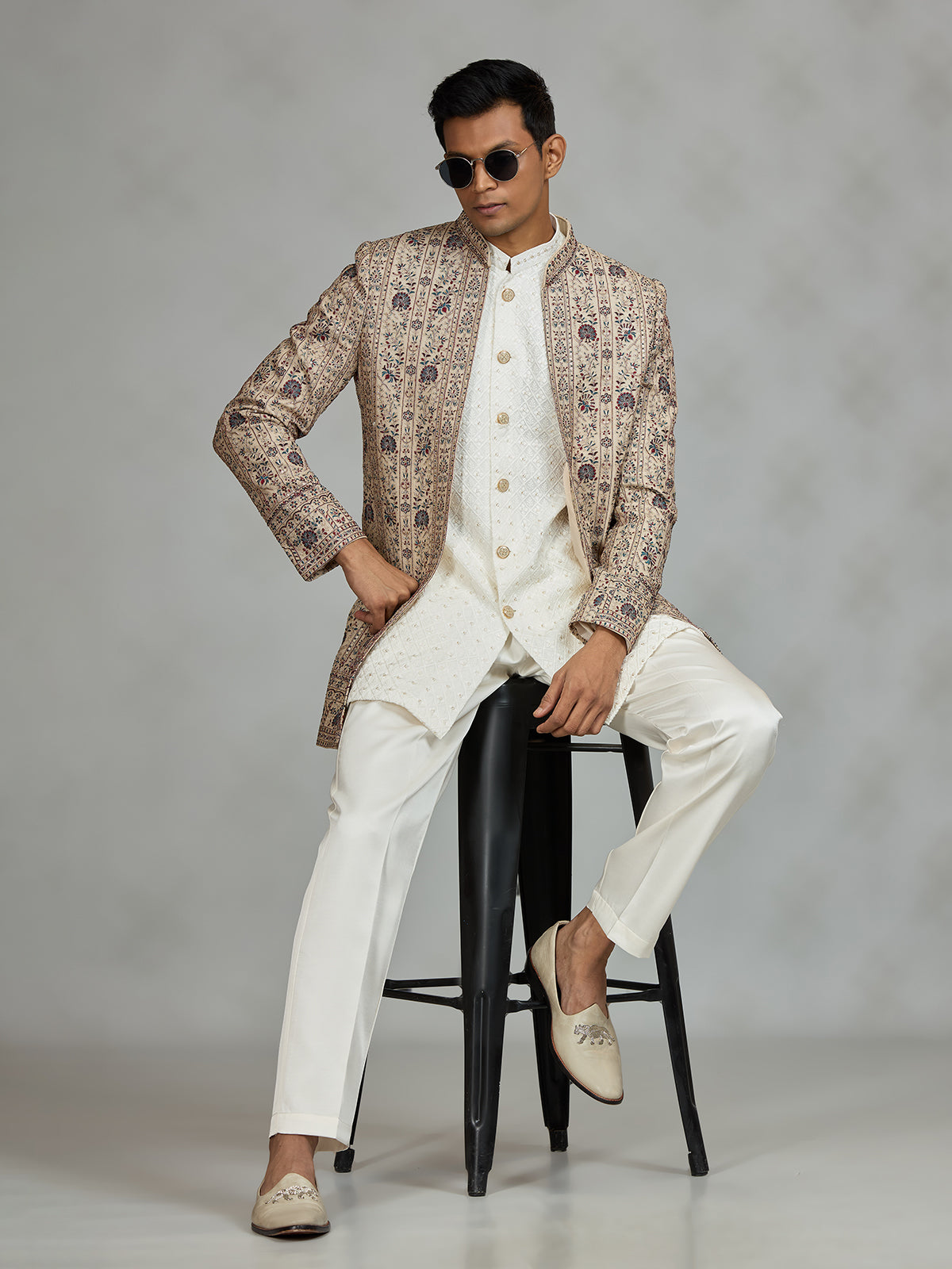 Beige refined embroidered mens indo western