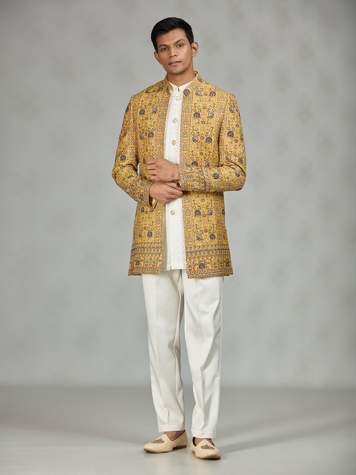 Yellow signature embroidered mens indo western