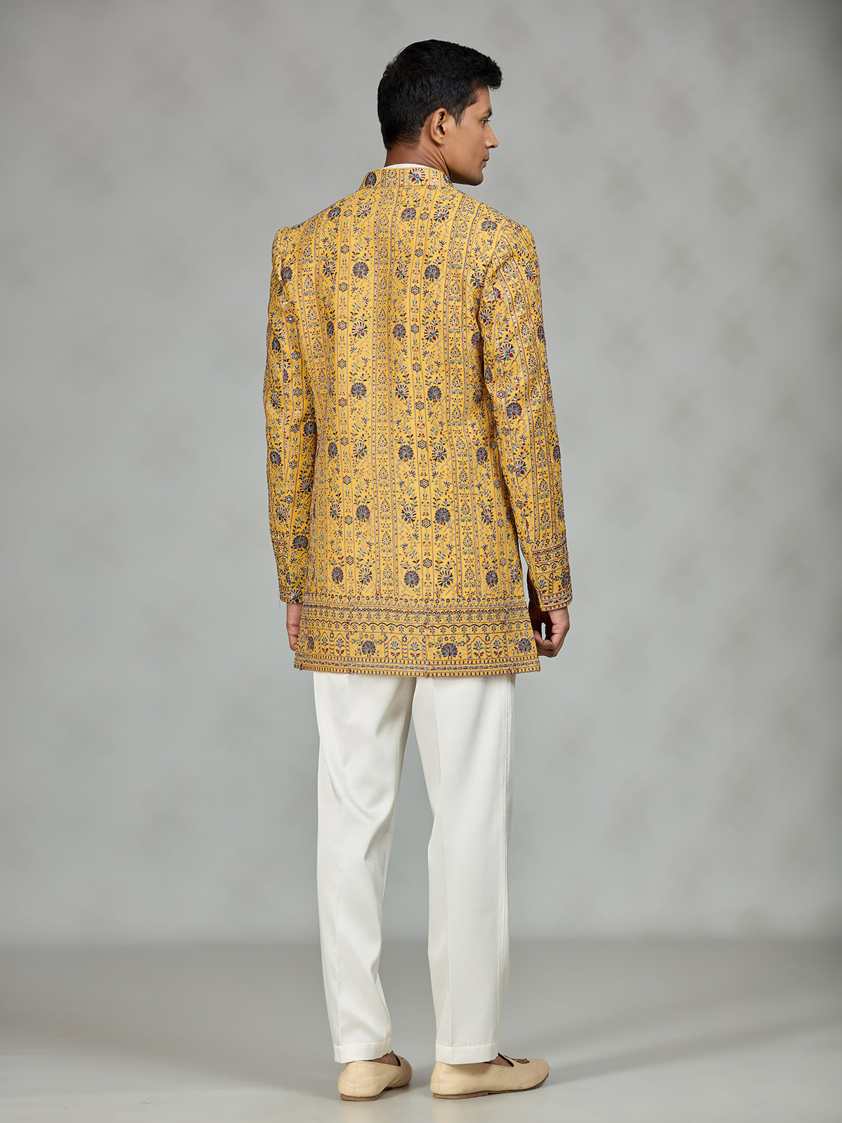 Yellow signature embroidered mens indo western