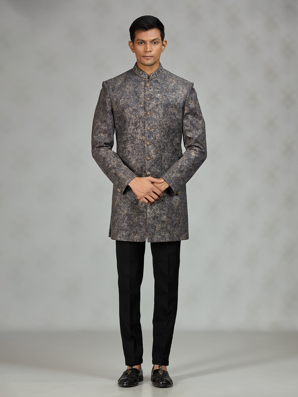 Grey signature brocade mens indo western