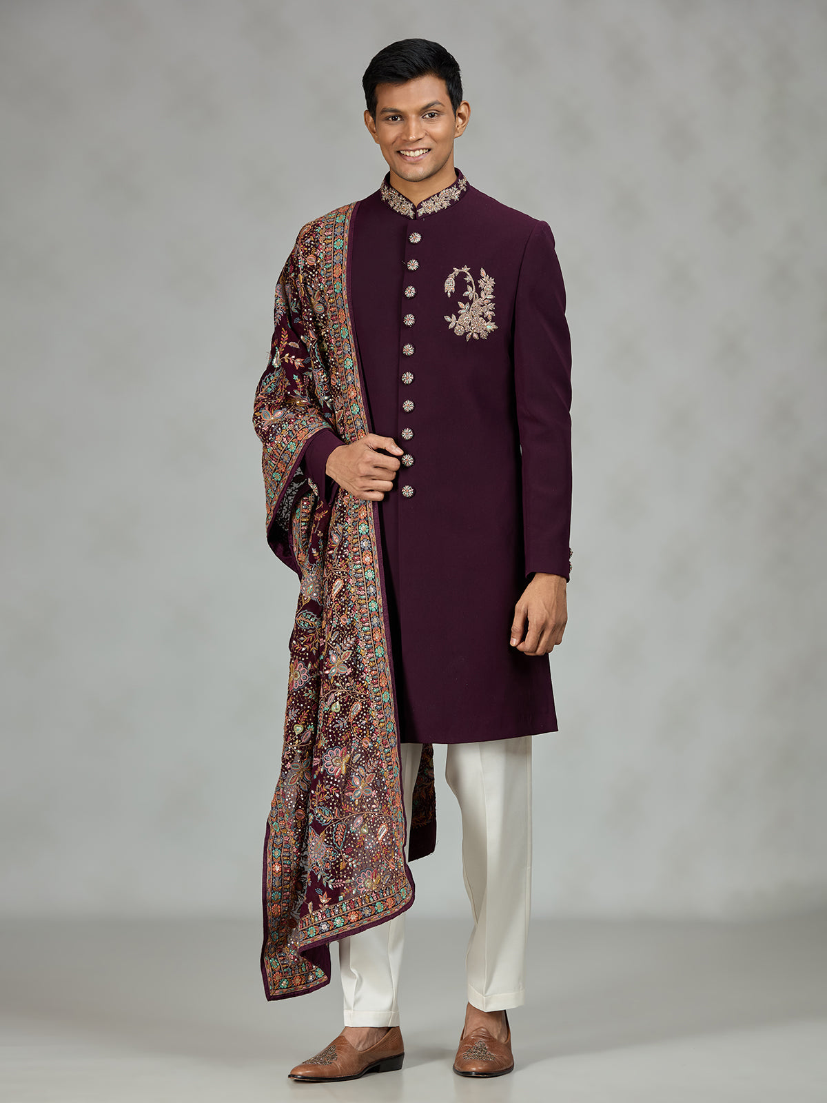 Wine royal shawl mens indo western