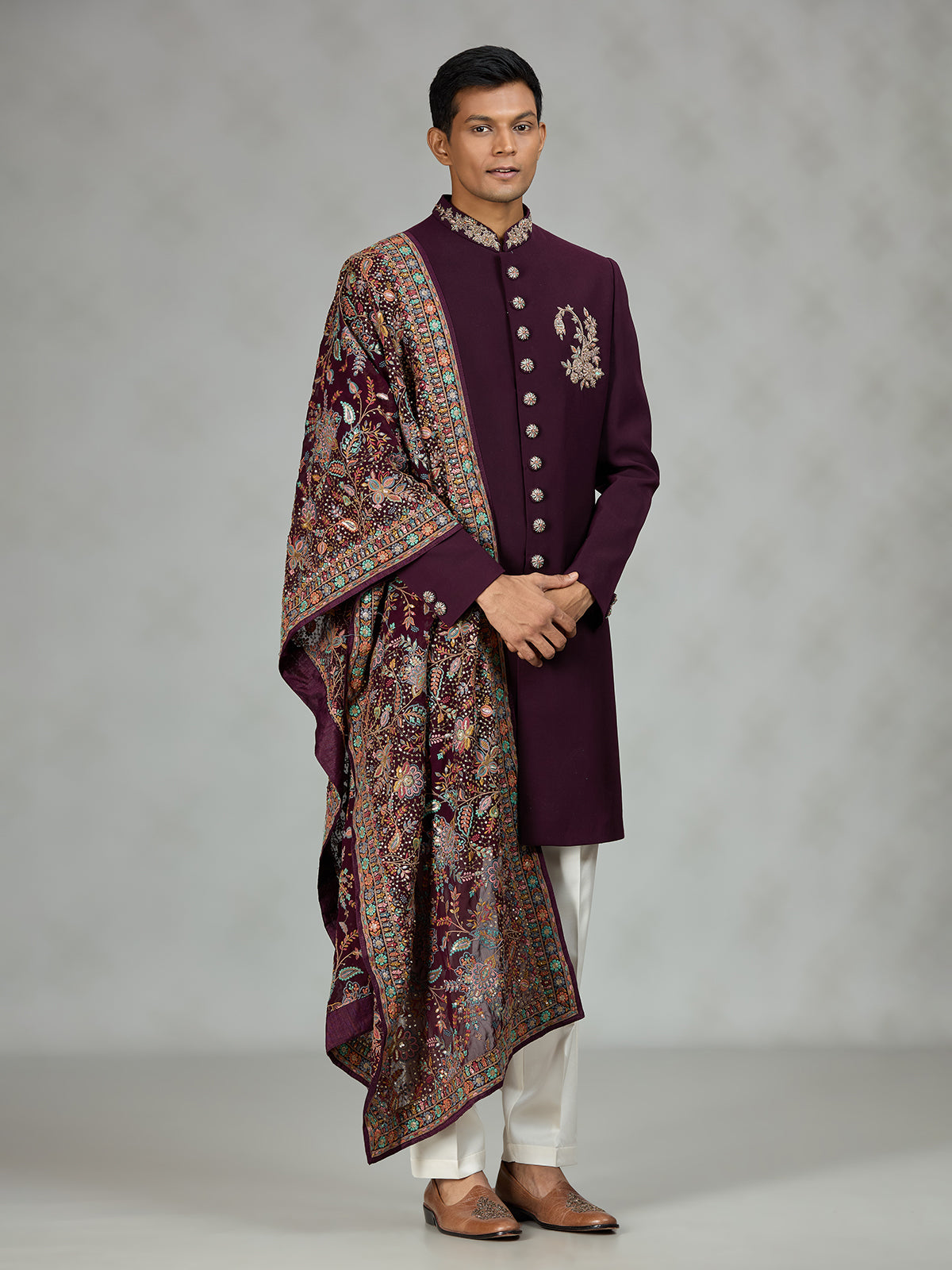 Wine royal shawl mens indo western