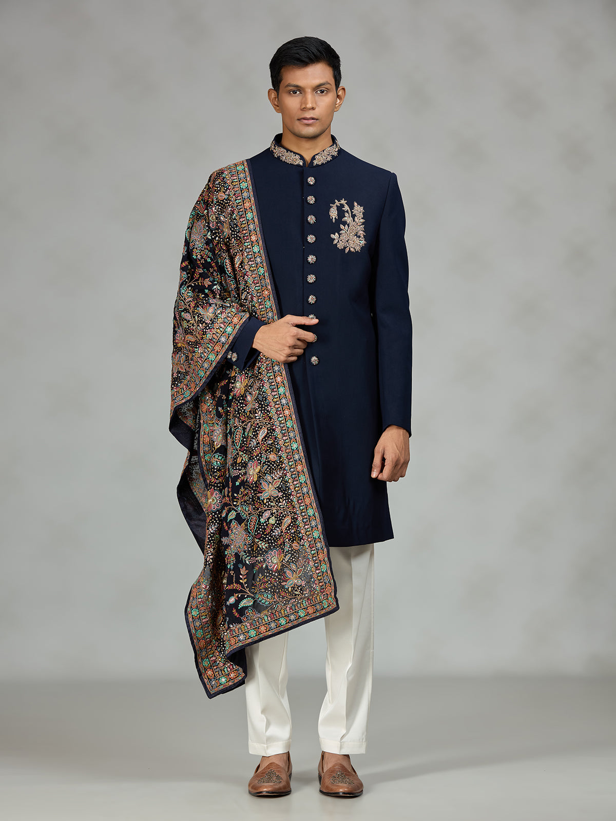 Navy blue luxury shawl mens indo western