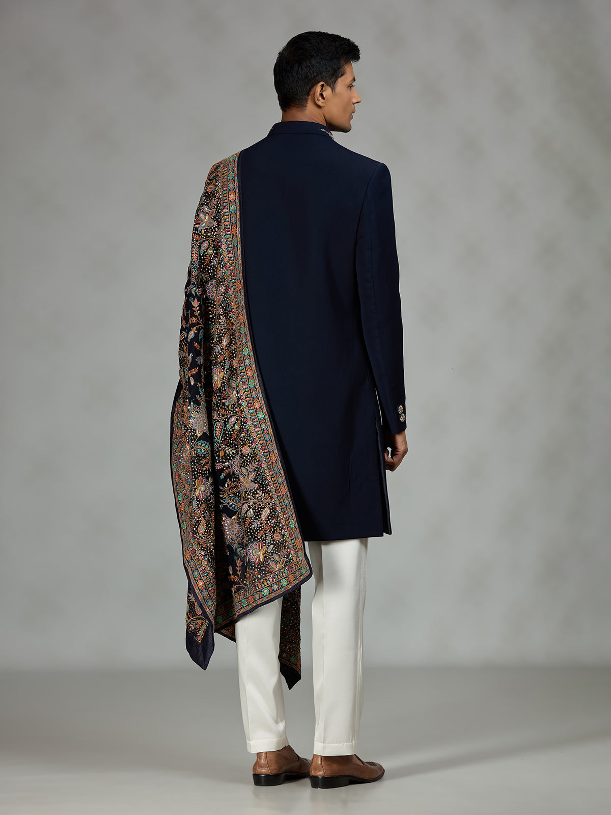 Navy blue luxury shawl mens indo western