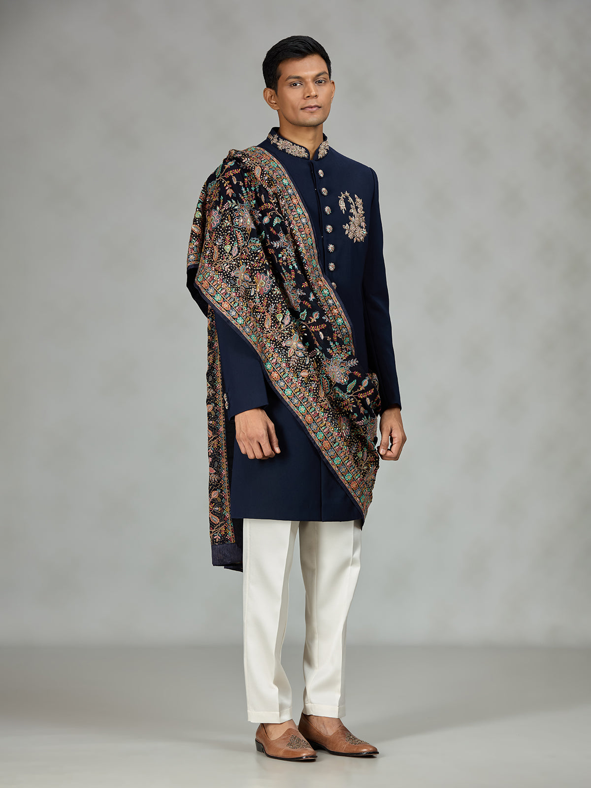 Navy blue luxury shawl mens indo western