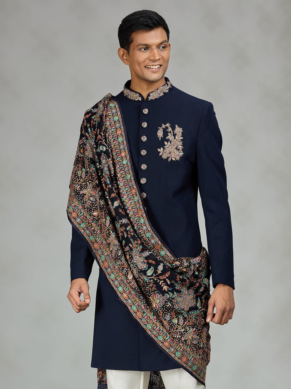 Navy blue luxury shawl mens indo western