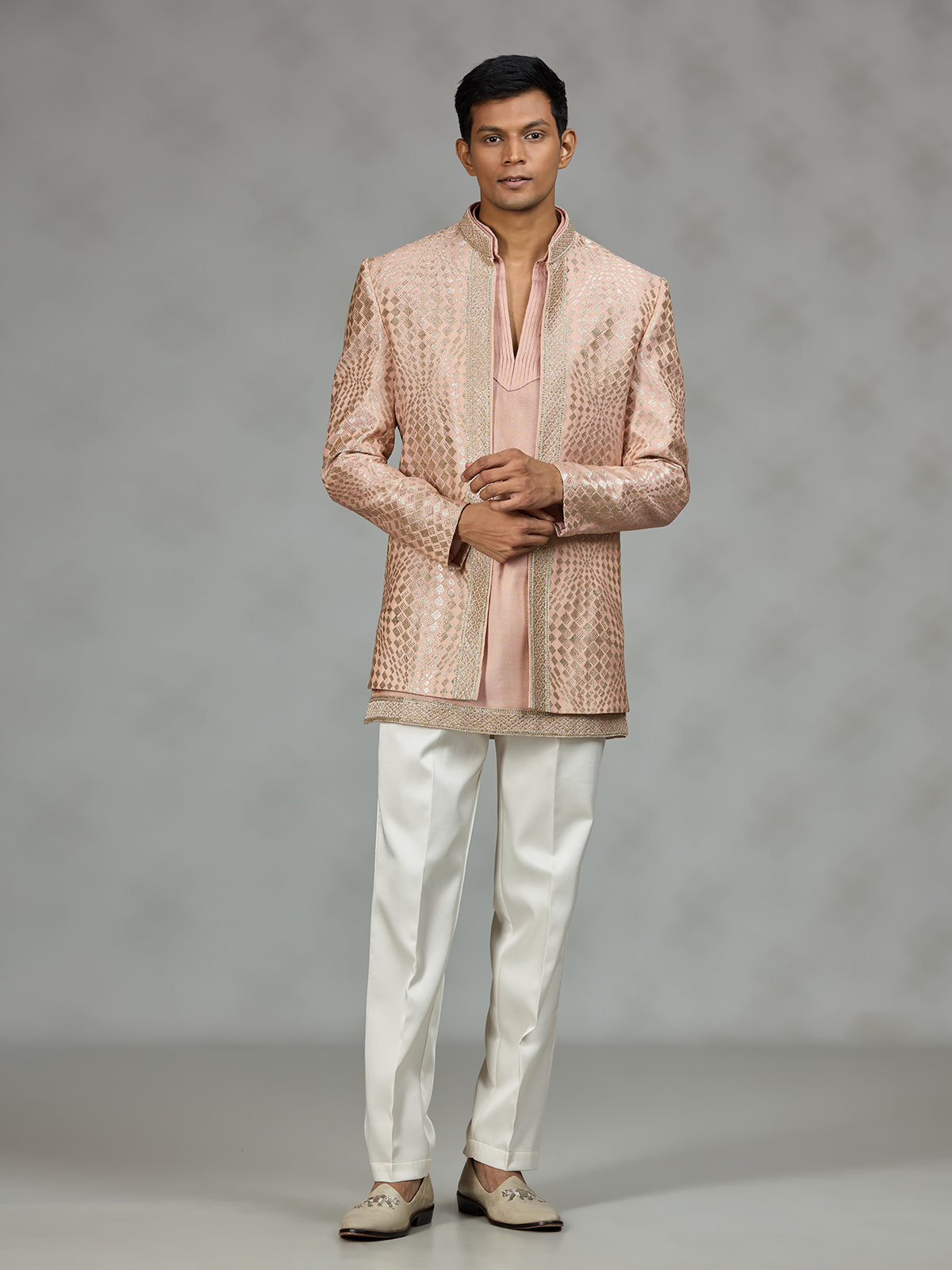 Peach designer textured mens indo western