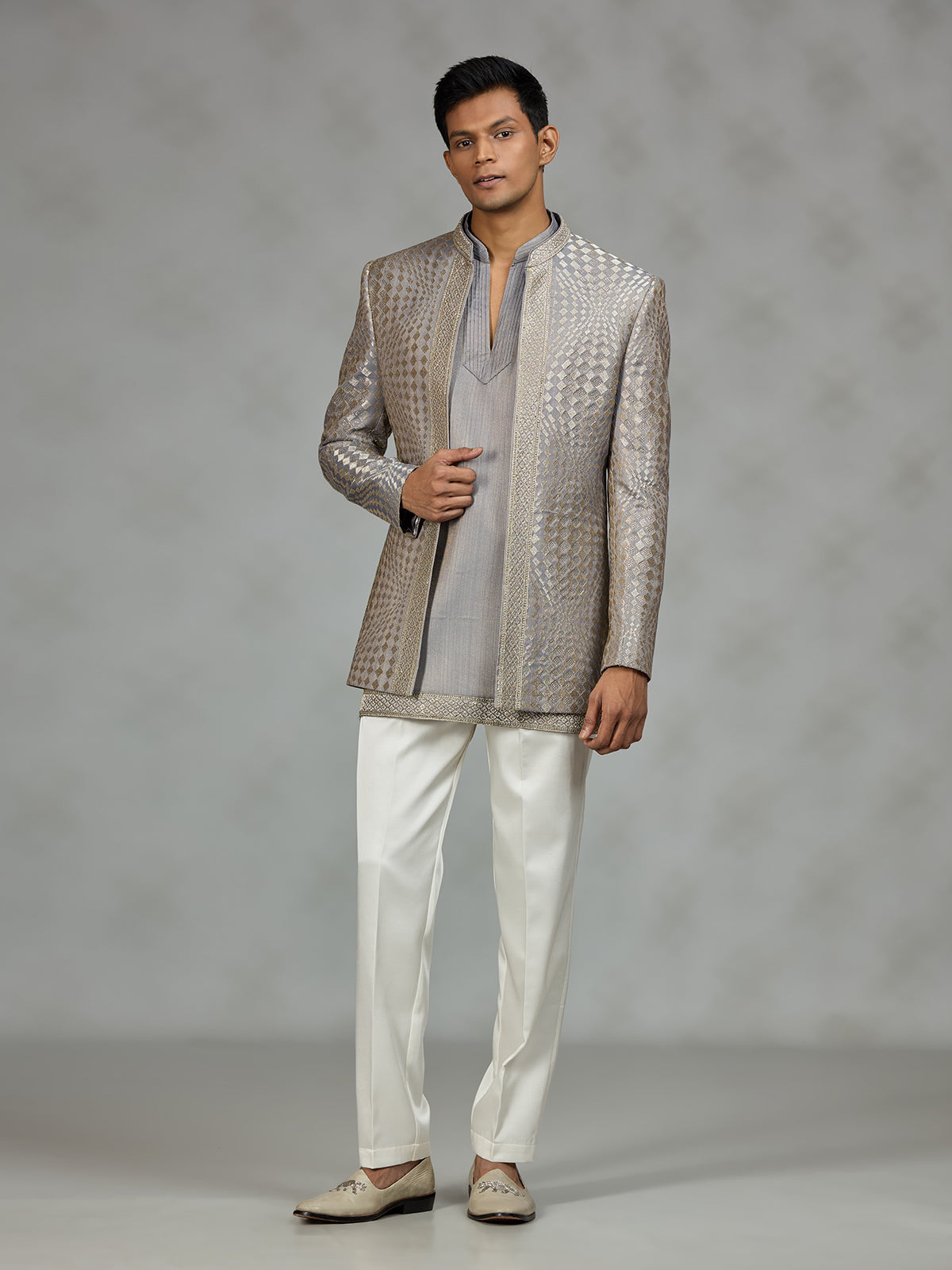 Silver luxury textured mens indo western