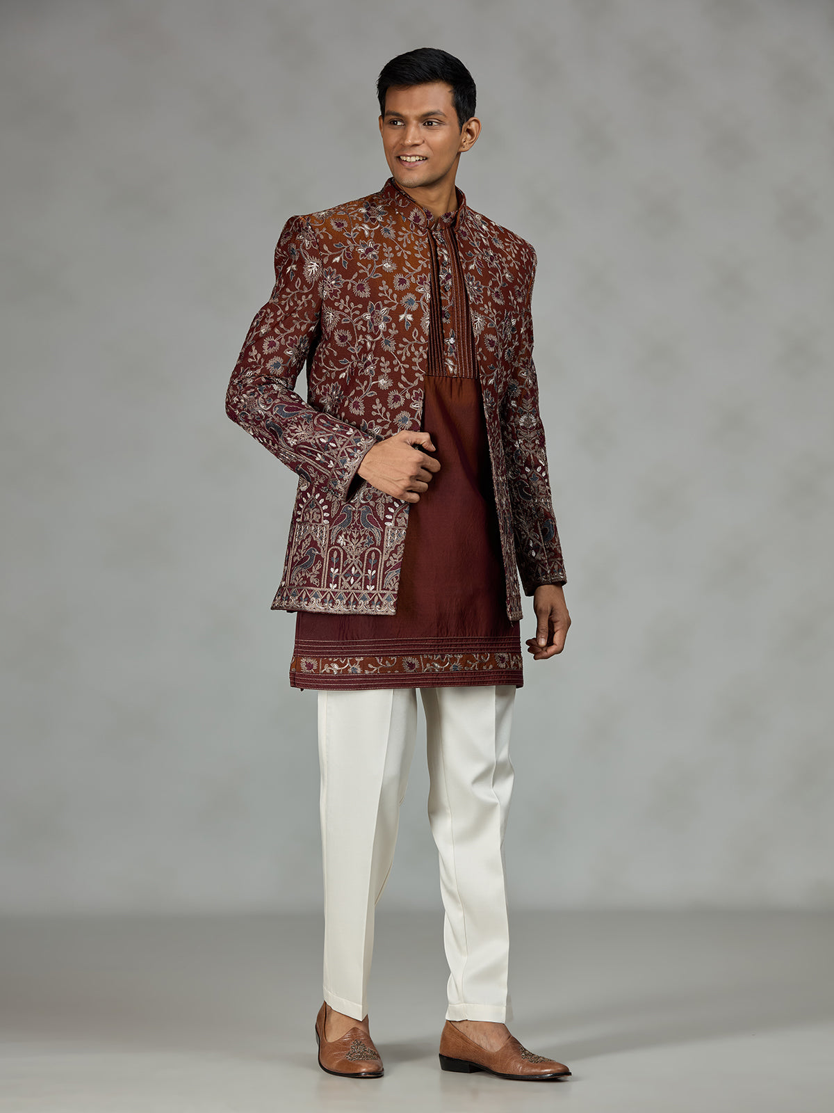 Rust brown heritage mens indo western