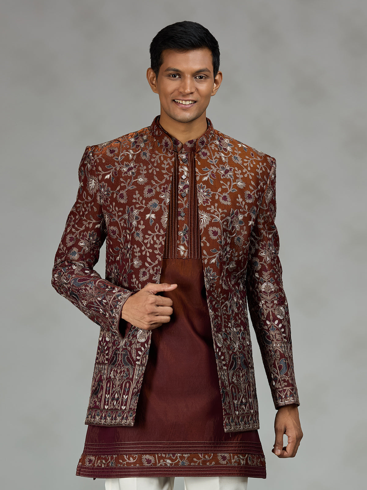 Rust brown heritage mens indo western