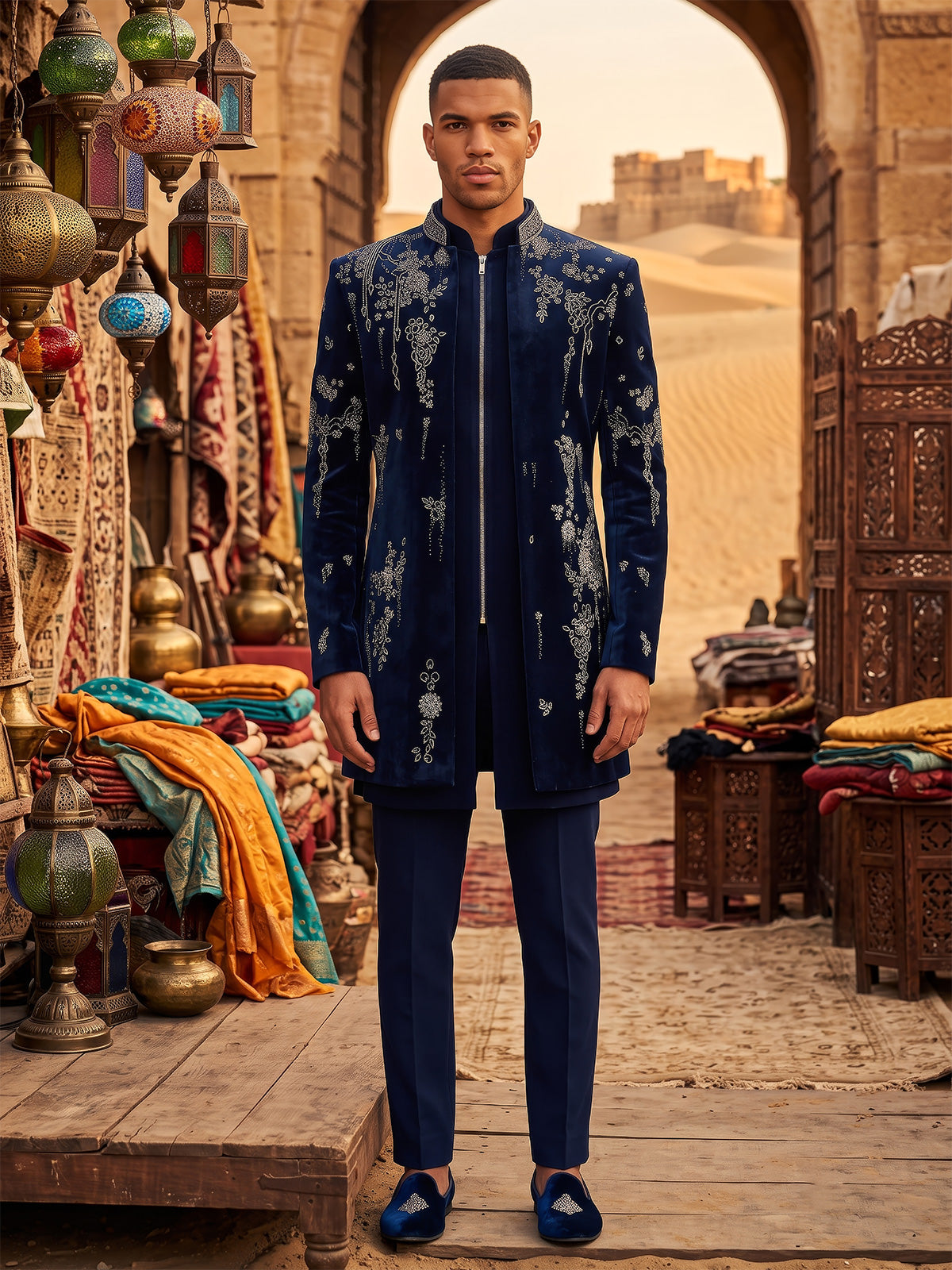 Navy blue couture mens indo western