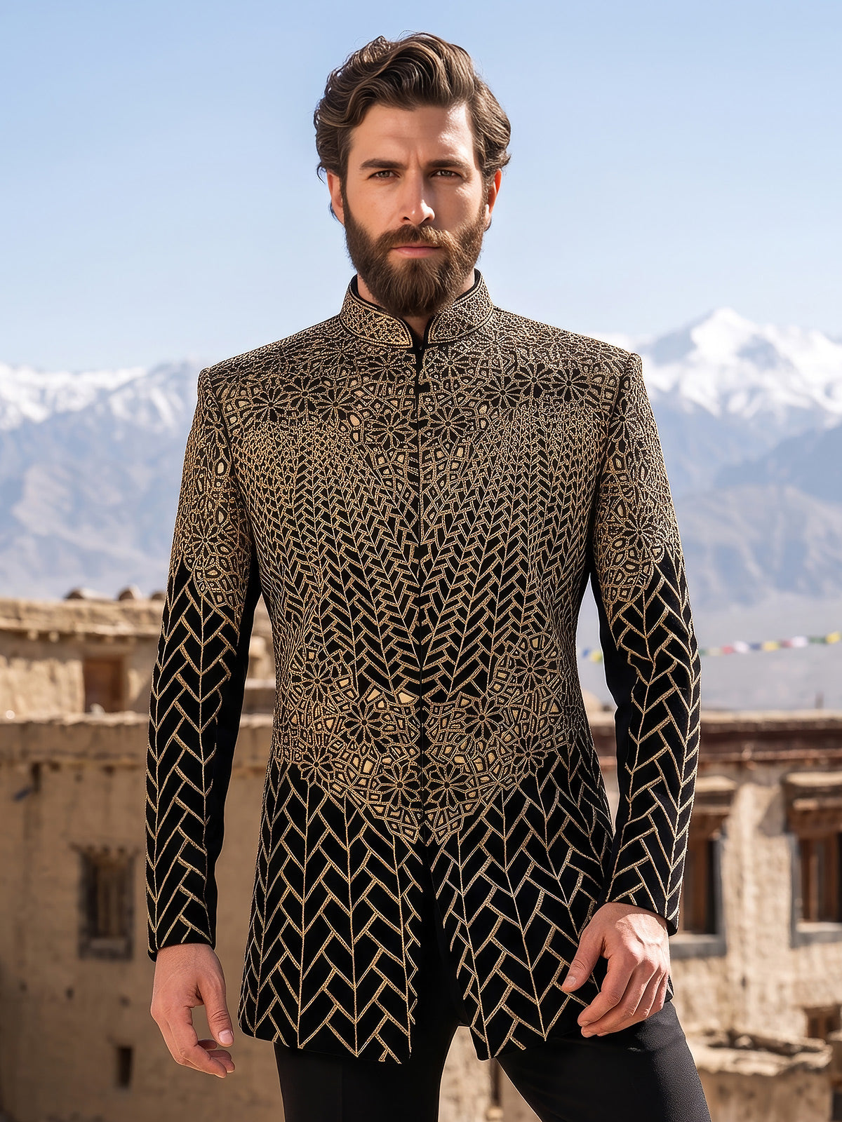 Black luxury mens indo western for grand celebration