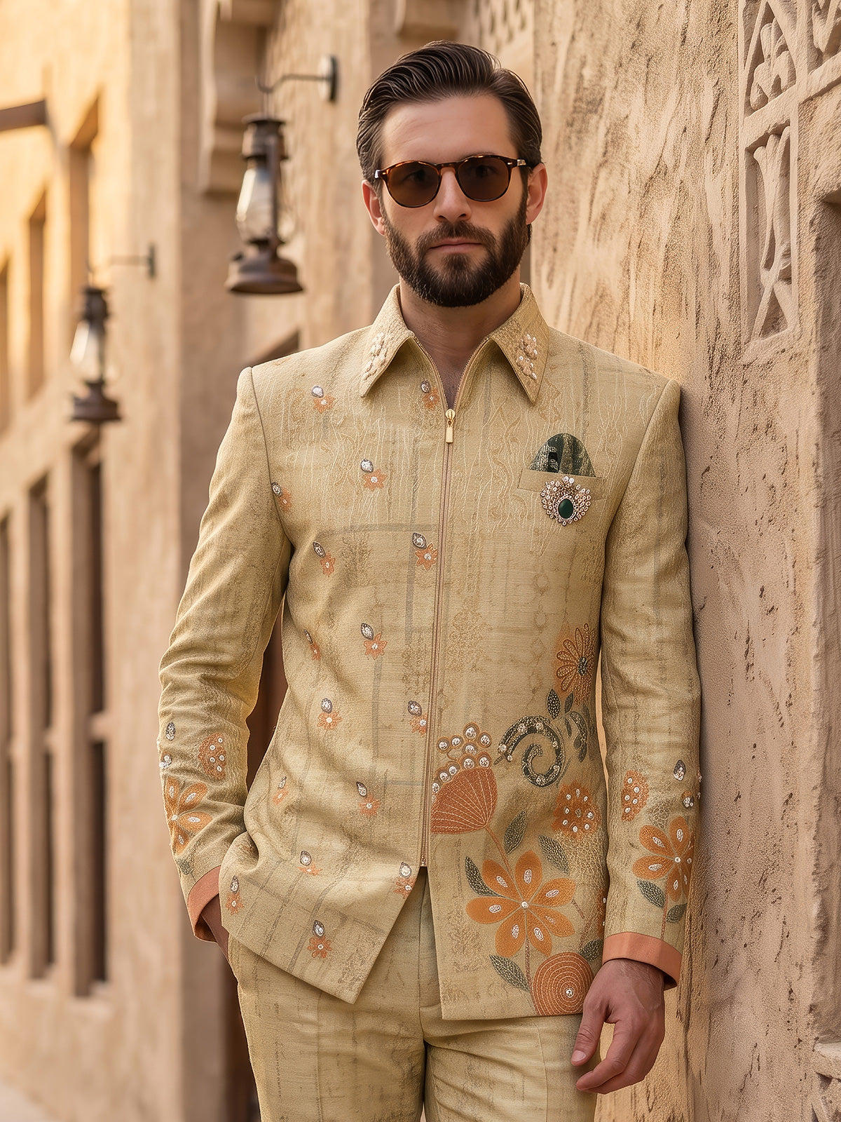 Beige designer mens indo western