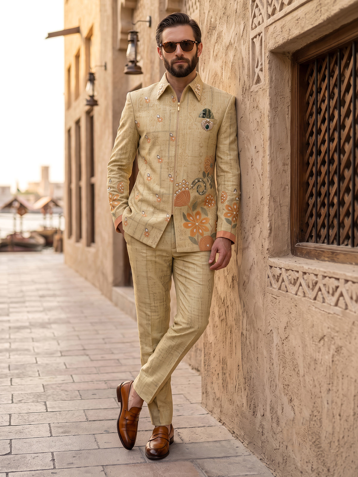 Beige designer mens indo western