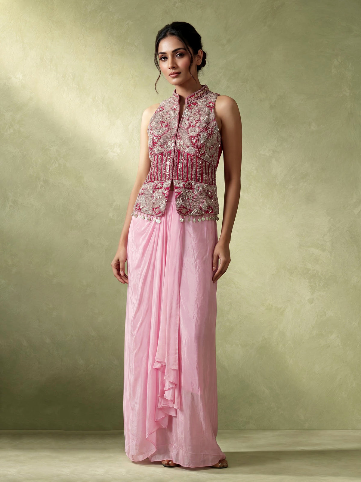 Pink designer crepe satin silk indowestern suit with embellishments