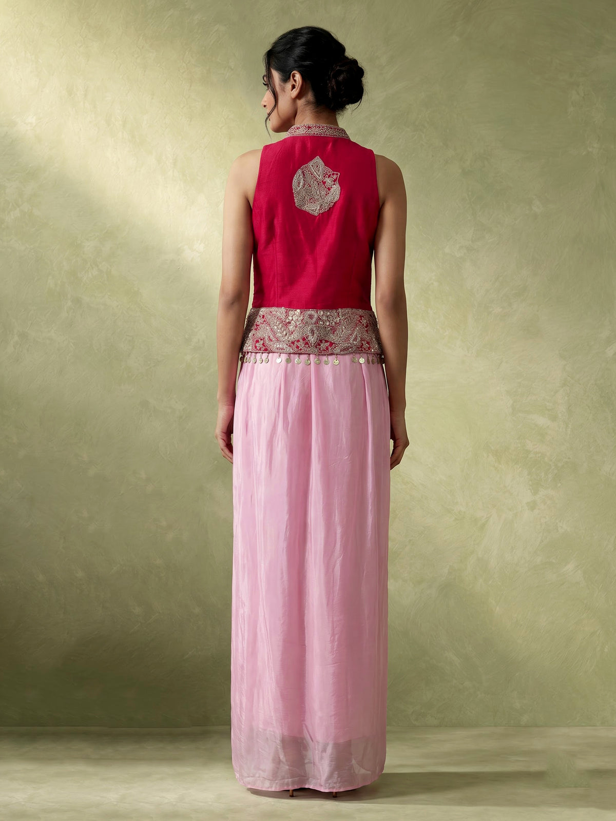 Pink designer crepe satin silk indowestern suit with embellishments