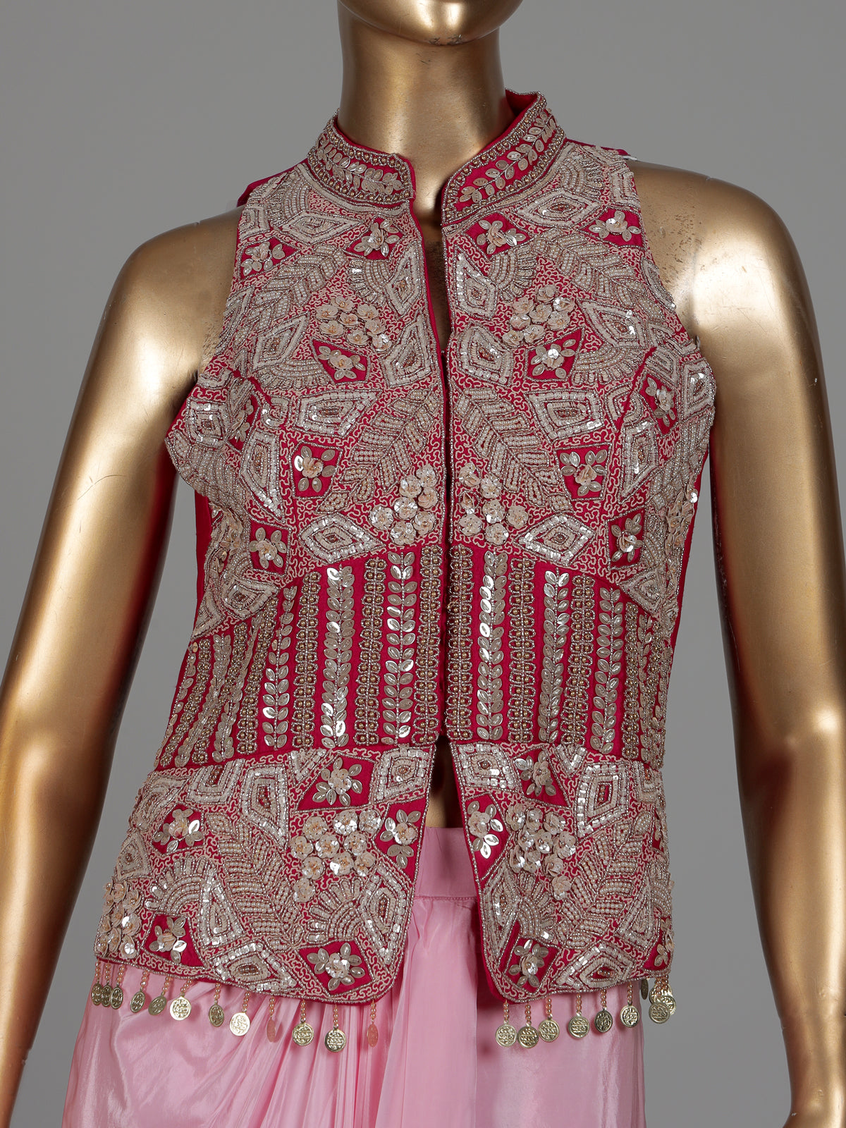 Pink designer crepe satin silk indowestern suit with embellishments