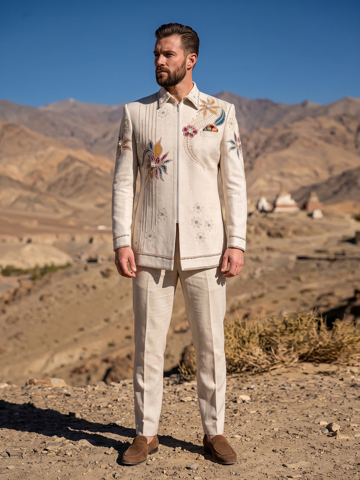 Cream floral mens indo western