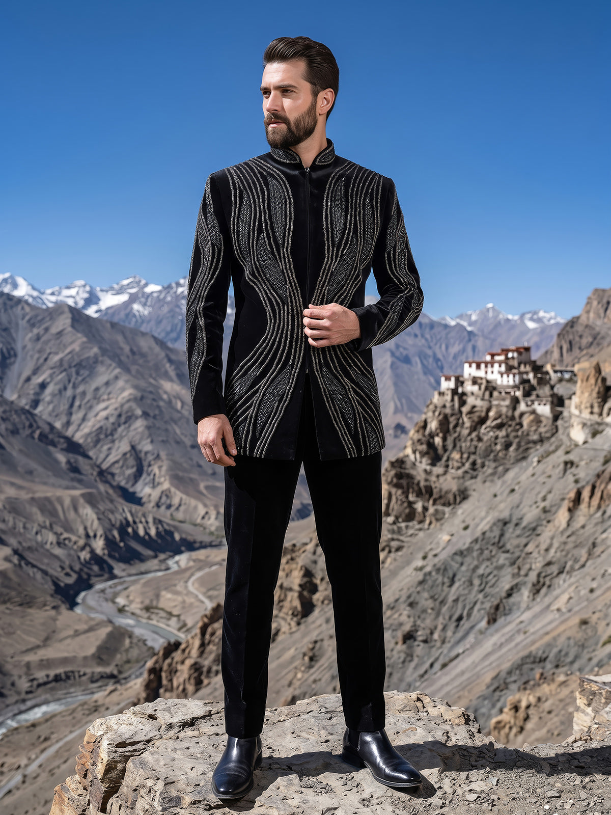 Black sleek mens indo western
