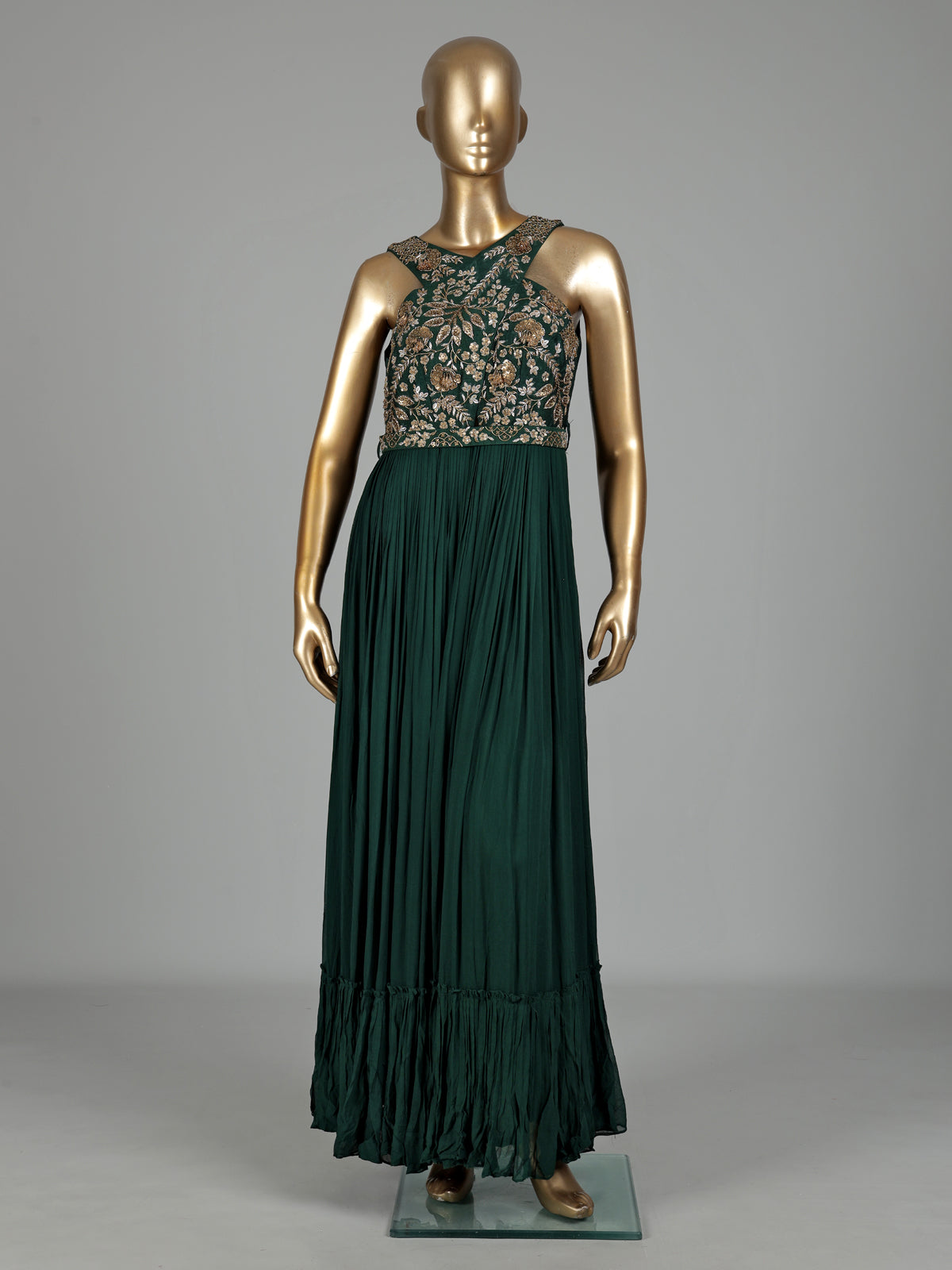 Bottle green georgette anarkali with waist belt and zardosi embellishments